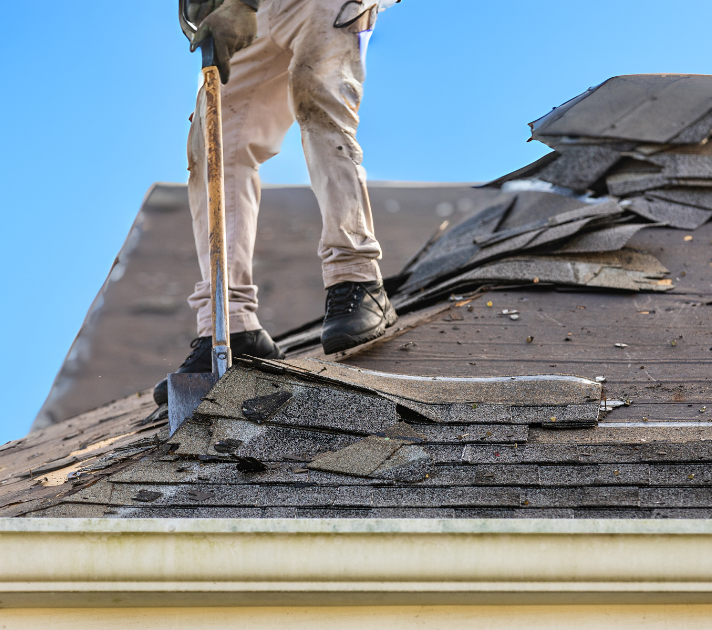 man standing on roof, peeling off curling and lifting shingles