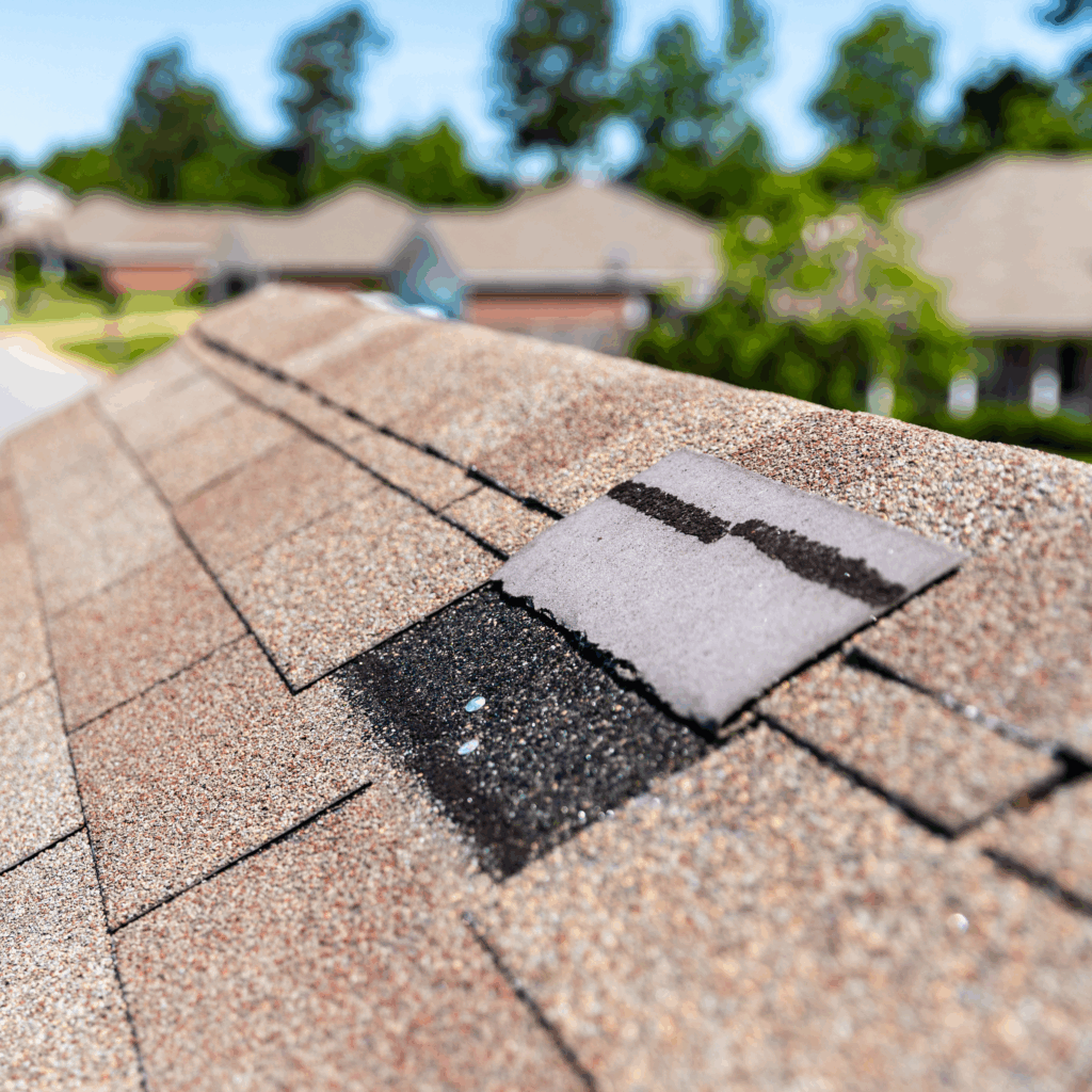 asphalt shingle roof with peeled back shingle