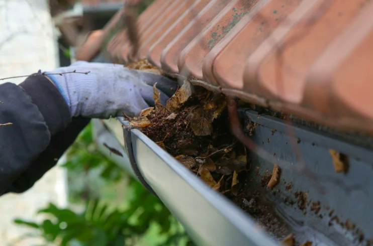 Someone cleaning leaves out of their clogged gutter.