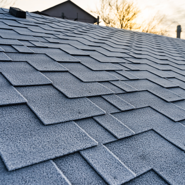 view of asphalt shingle roof with a bright sky in the background