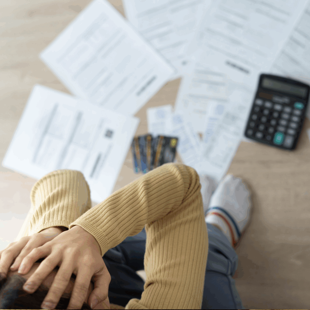 person crouched down over a calculator and some documents, holding their head with both hands.