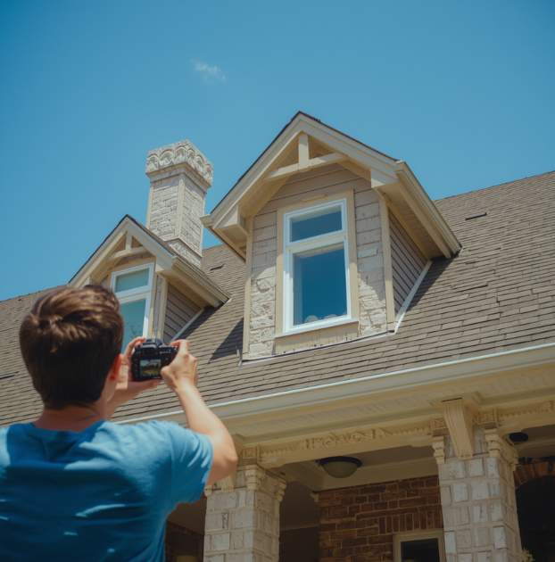 man taking pictures of his home's roof from the ground